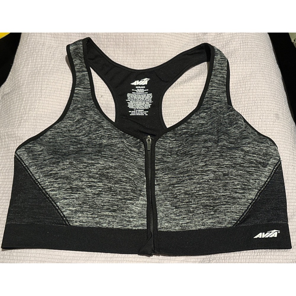 Avia Full Figure Gray & Black Front Zip High Impact‎ Sports Bra, Size XXXL